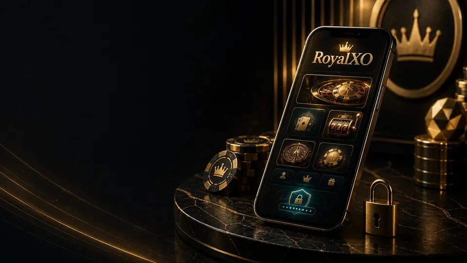 Schermata mobile RoyalXO con interfaccia scura e dettagli dorati